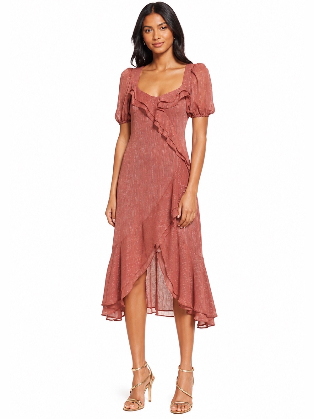 WAYF Mauve Metallic Ruffle Midi Dress Open Back Sweetheart Size S NWT
